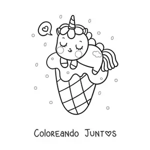 Imagen para colorear de un unicornio kawaii sobre un helado de barquilla