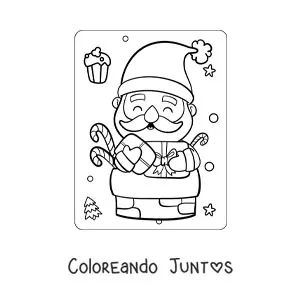Imagen para colorear de Santa Claus kawaii entrando en una chimenea con regalos
