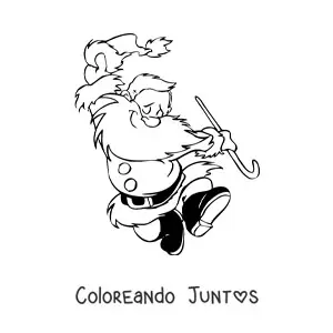 Imagen para colorear de Papá Noel sujetando su gorro y un bastón mientras salta