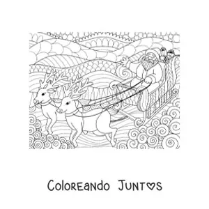 Imagen para colorear de Papá Noel en trineo con renos estilo zentangle