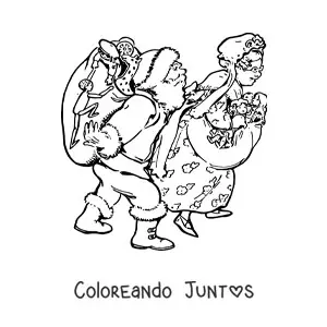 Imagen para colorear de Santa Claus y señora Claus con regalos