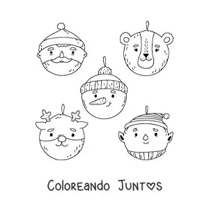 Imagen para colorear de esferas navideñas con forma de oso, Santa, elfo, reno y hombre de nieve