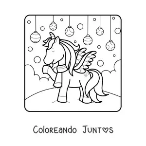 Imagen para colorear de un unicornio con esferas de Navidad en el fondo