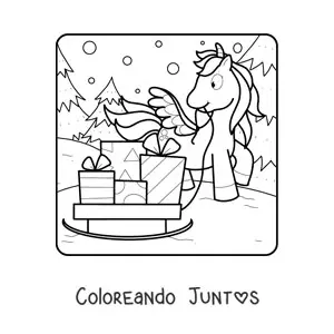 Imagen para colorear de unicornio con trineo con regalos