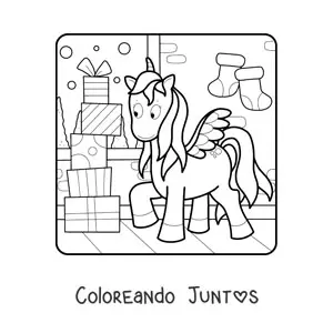 Imagen para colorear de unicornio con pila de regalos