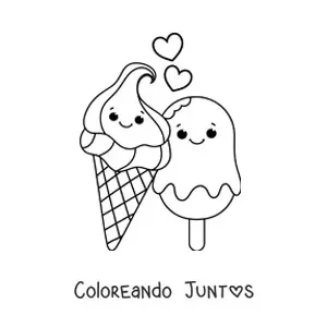 Imagen para colorear de una pareja de helados kawaii romántica