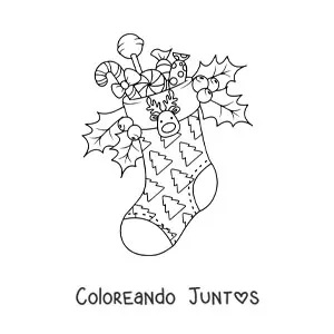 Imagen para colorear de bota de Navidad con dulces y adorno de reno