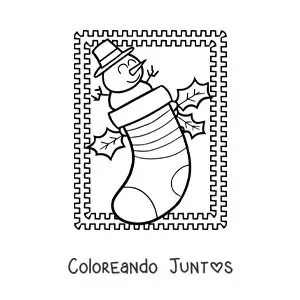 Imagen para colorear de calcetín de Navidad con hombre de nieve animado