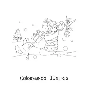 Imagen para colorear de ardilla kawaii en un calcetín navideño entregando un regalo a un zorro kawaii