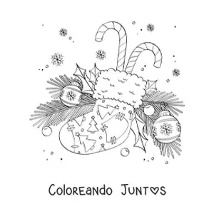 Imagen para colorear de calcetín navideño con bastones de caramelo, bambalinas y ramas de pino