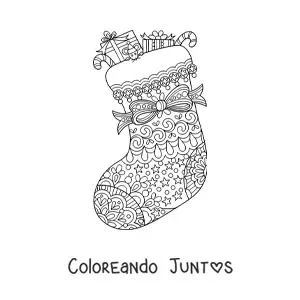 Imagen para colorear de bota navideña con regalos y lazo estilo zentangle