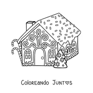 Imagen para colorear de casa de jengibre con árbol de Navidad y bastones de caramelo