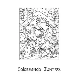 Imagen para colorear de loro animado con casa de jengibre