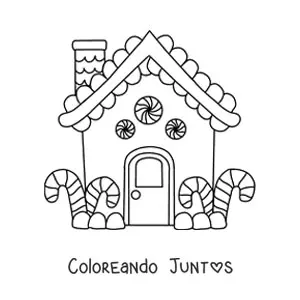 Imagen para colorear de casita de jengibre con bastones de caramelo