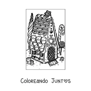 Imagen para colorear de casita de jengibre realista con jardín