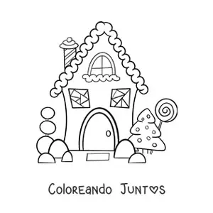 Imagen para colorear de casita de jengibre con pino navideño