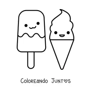 Imagen para colorear de una paleta helada y un helado de barquilla kawaii