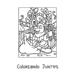 Imagen para colorear de reno navideño animado con regalos