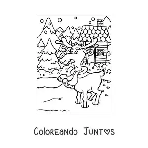 Imagen para colorear de reno navideño animado en la nieve