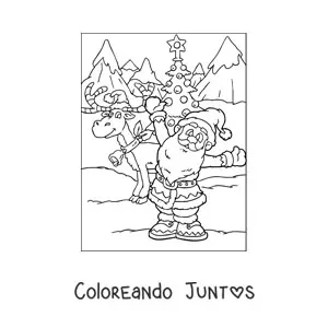 Imagen para colorear de reno navideño animado con Santa