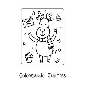 Imagen para colorear de reno de Navidad kawaii animado con bufanda