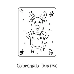 Imagen para colorear de reno de Navidad animado con bufanda