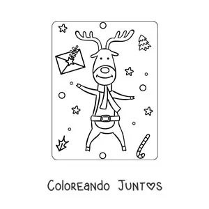 Imagen para colorear de reno de Navidad animado con bufanda