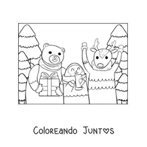 Imagen para colorear de reno de Navidad con animales y regalos