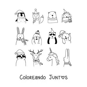 Imagen para colorear de reno de Navidad con animales navideños