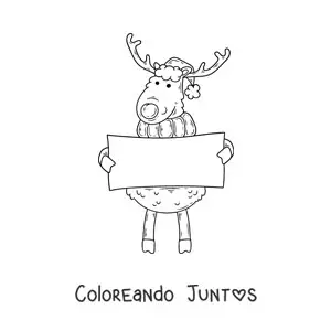 Imagen para colorear de reno con cartel y gorro de Navidad