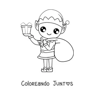 Imagen para colorear de elfo de Navidad con saco de regalos