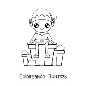 Imagen para colorear de elfo de Navidad con regalos