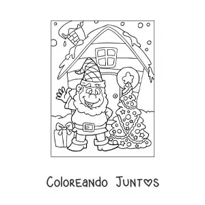Imagen para colorear de duende de Navidad con árbol