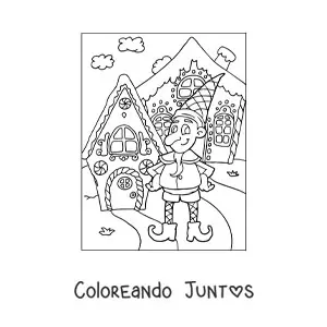 Imagen para colorear de duende de Navidad con casa de jengibre