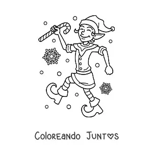 Imagen para colorear de duende de Navidad con bastón de caramelo