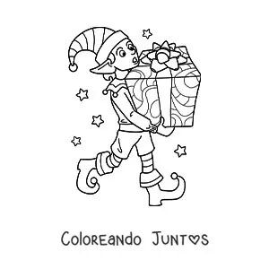 Imagen para colorear de duende de Navidad con regalo