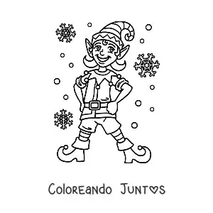 Imagen para colorear de duende de Navidad con copos de nieve
