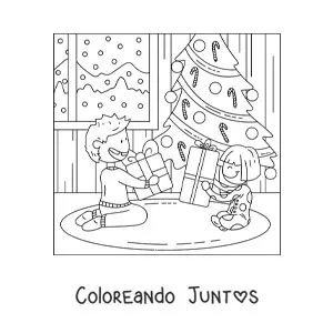 Imagen para colorear de niños abriendo regalos en Navidad en casa