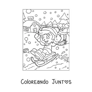 Imagen para colorear de niño deslizándose en un trineo en Navidad