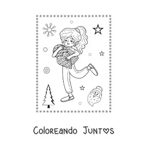 Imagen para colorear de niña con juguetes en Navidad