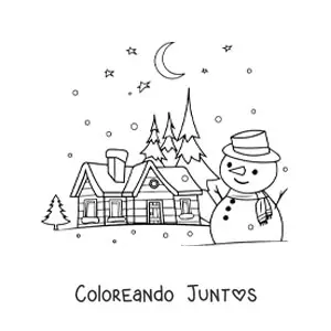 Imagen para colorear de muñeco de nieve con paisaje