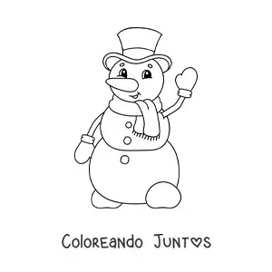 Imagen para colorear de muñeco de nieve animado con sombrero y bufanda