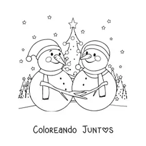 Imagen para colorear de dos muñecos de nieve con paisaje