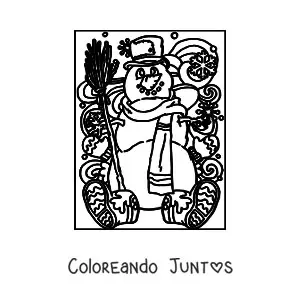 Imagen para colorear de muñeco de nieve con sombrero y escoba