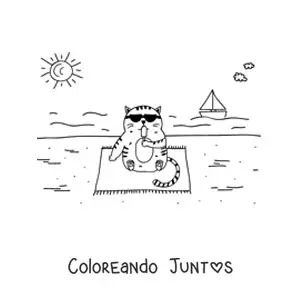 Imagen para colorear de un gato animado sentado comiendo helado en la playa