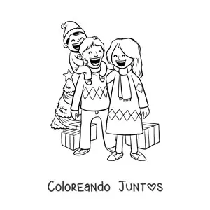 Imagen para colorear de familia con niño celebrando la Navidad junto al arbolito