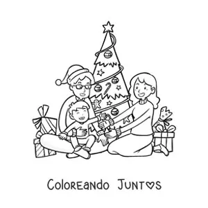 Imagen para colorear de familia unida en Navidad junto al árbol