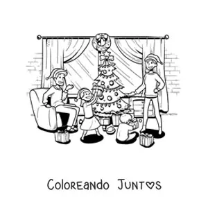 Imagen para colorear de familia abriendo regalos en Navidad en casa