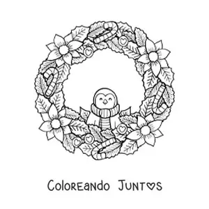 Corona de Navidad con pingüino kawaii y flores