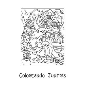 Imagen para colorear de zorro animado con gorro de Navidad